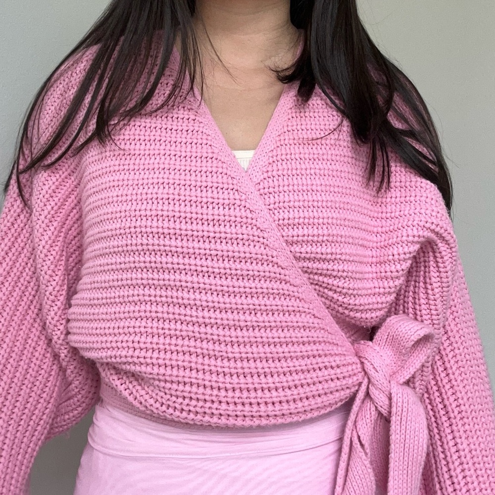 Pink Zara Balletcore Wrap Knit Sweater Tie-Waist - Small